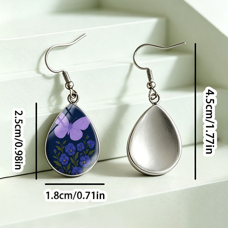 Light Purple Butterfly Pansy Teardrop Earrings, Handmade